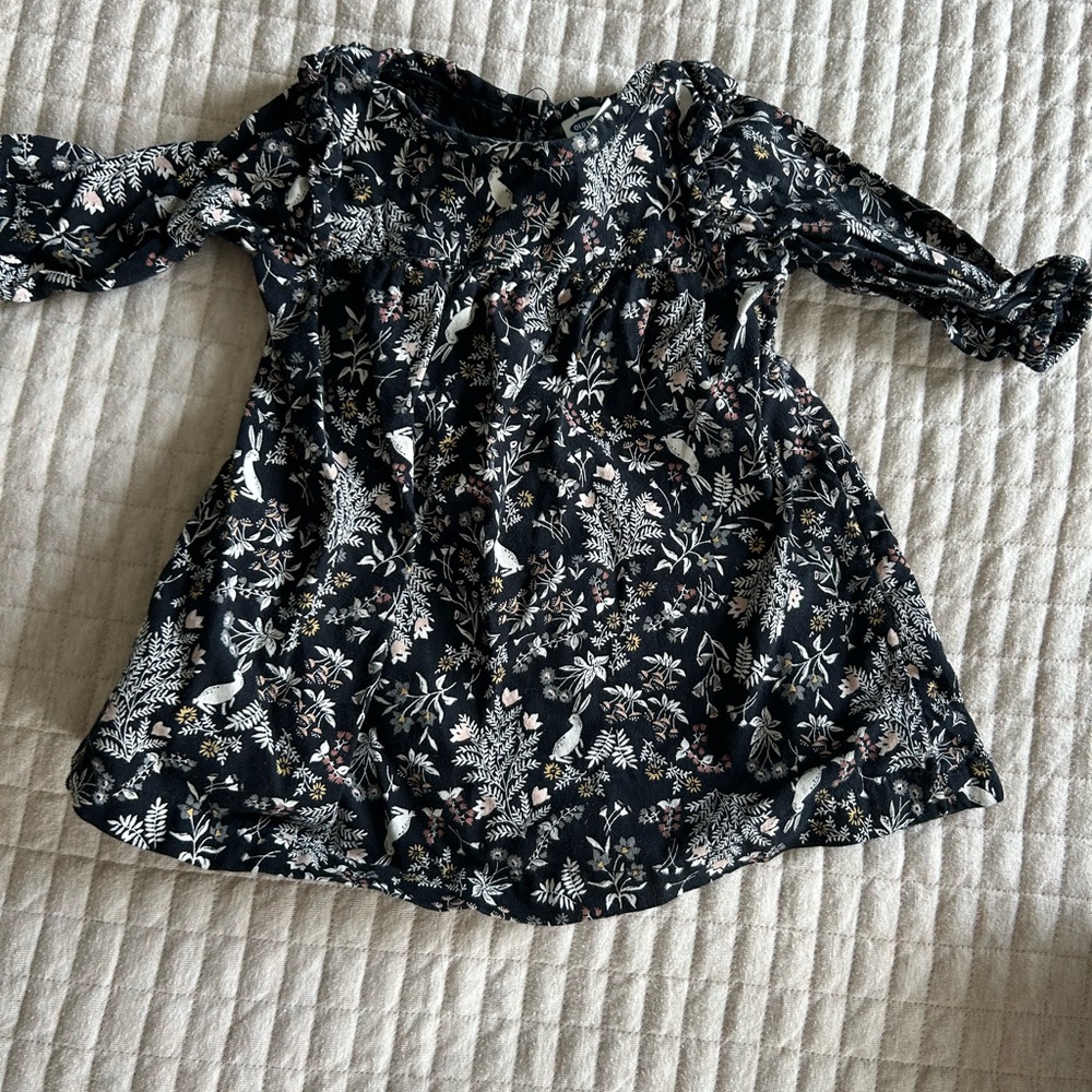 Old Navy Black and White Casual Dress with Floral and Bunny Print